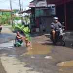 Warga Simpan Pot Bunga, di Lokasi Kubangan Jalan Rusak.