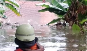 BPBD Kota Bogor evakuasi seorang pria yang terjebak banjir diatap r BPBD Kota Bogor evakuasi seorang pria yang terjebak banjir diatap rumah