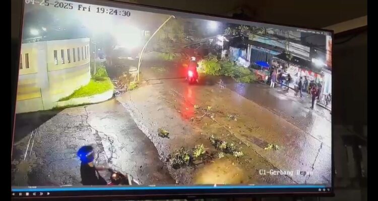 pohon tumbang menimpa pengendara motor di Jalan Raya Mercedes Benz, tepatnya di depan PT Novel, Desa Tlajung Udik, Kecamatan Gunung Putri, Kabupaten Bogor, pada Jumat malam, 25 April 2025.