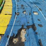 Kondisi joging track lapangan sempur yang kembali alami kerusakan, Foto/Echa Nur Maulida