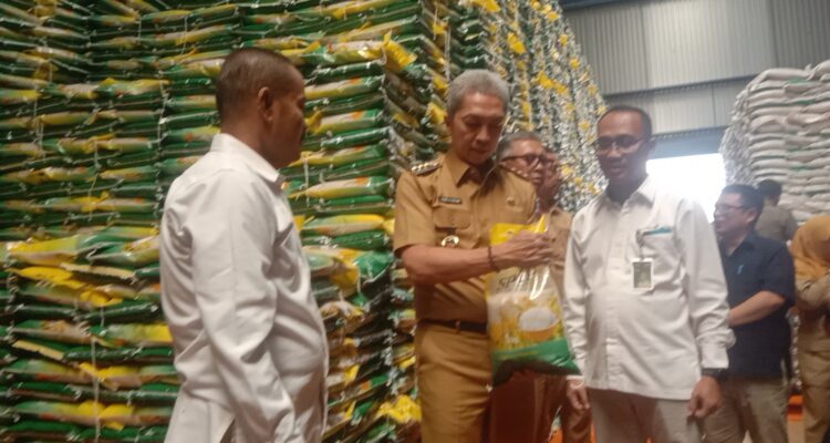 Wali Kota Bogor, Dedie A Rachim saat meninjau beras di gudang Bulog, Foto/Adi Wirman