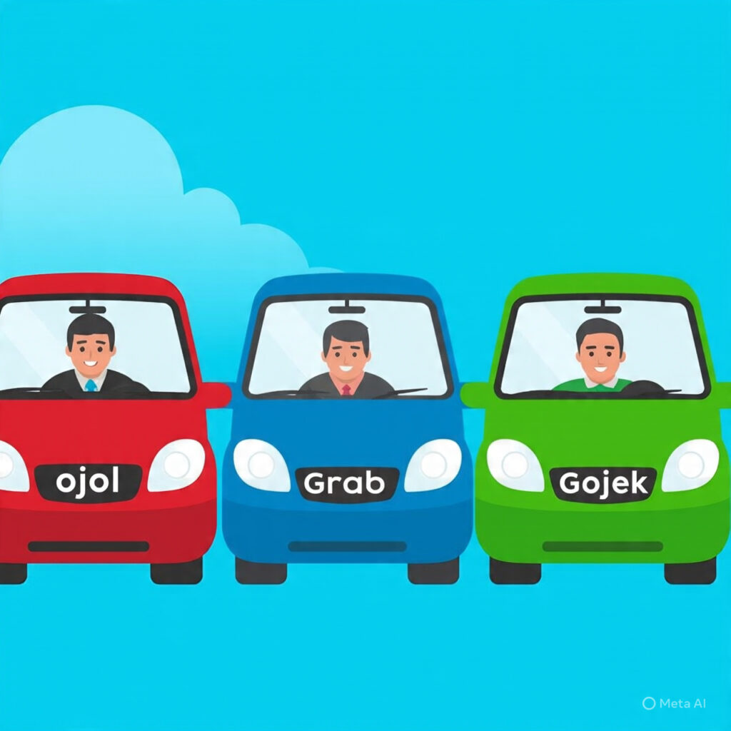 Ilustrasi gambar ojol,grab,gojek, foto/Meta Ai