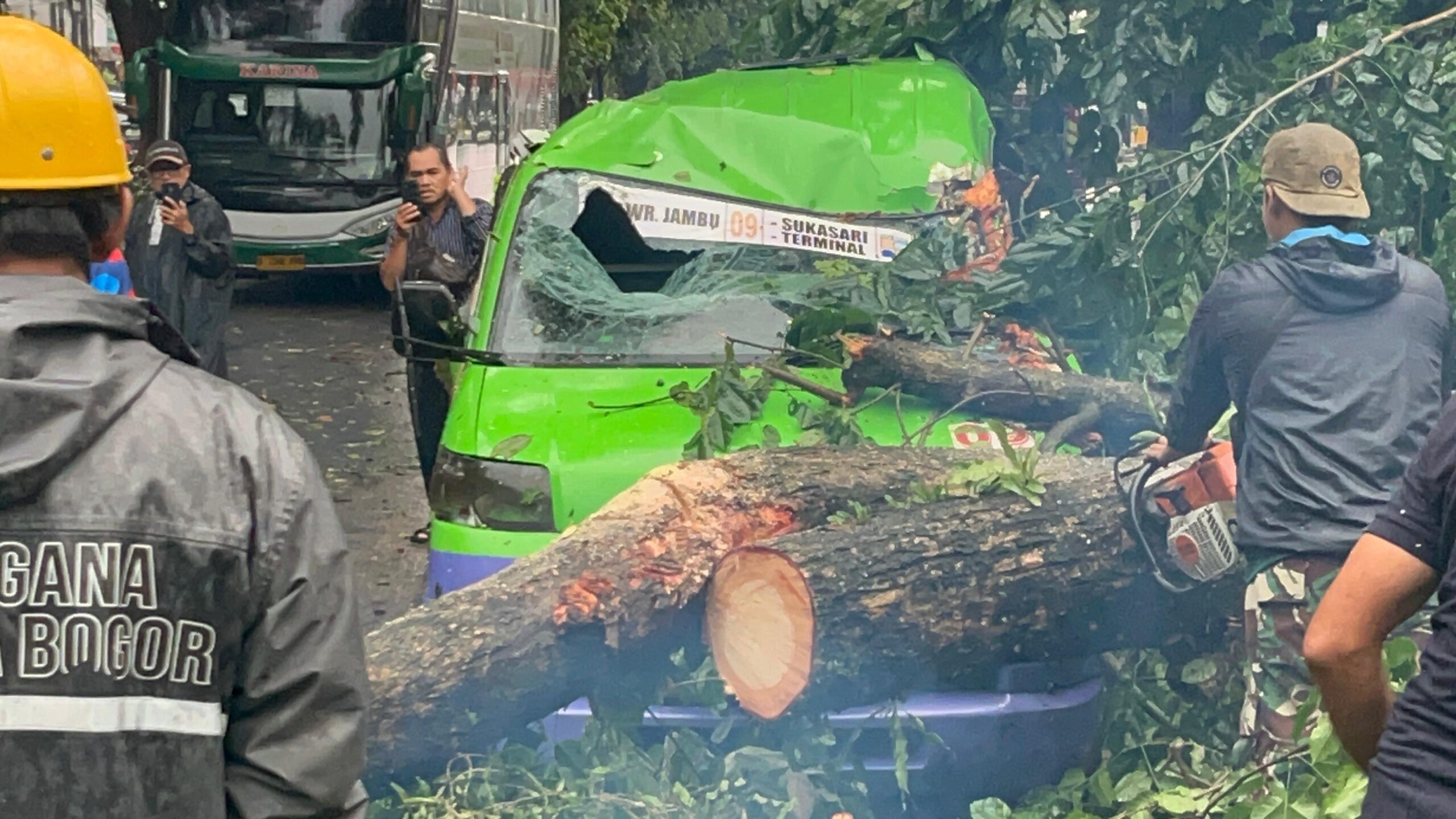 Kondisi angkot saat tertimpa pohon yang tumbang di Jalan Pajajaran Kota Bogor, Foto/Istimewa