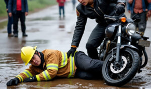 Gambar ilustrasi pemadam kebakaran ke tabrak motor saat membersihkan oli, foto/Meta Ai Gambar ilustrasi pemadam kebakaran ke tabrak motor saat membersihkan oli, foto/Meta Ai