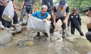 Wali Kota Bogor, Dedie A Rachim saat menebar ikan di Sungai Ciliwung Bogor, Foto/Istimewa