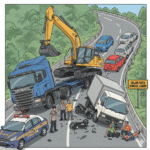 Gambar Ilustrasi detik-detik ekskavator yang terlepas dari sebuah kendaraan trailer hingga terjadi tabrakan beruntun, Foto/Gemini AI