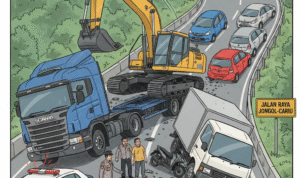 Gambar Ilustrasi detik-detik ekskavator yang terlepas dari sebuah kendaraan trailer hingga terjadi tabrakan beruntun, Foto/Gemini AI