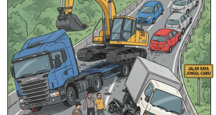 Gambar Ilustrasi detik-detik ekskavator yang terlepas dari sebuah kendaraan trailer hingga terjadi tabrakan beruntun, Foto/Gemini AI