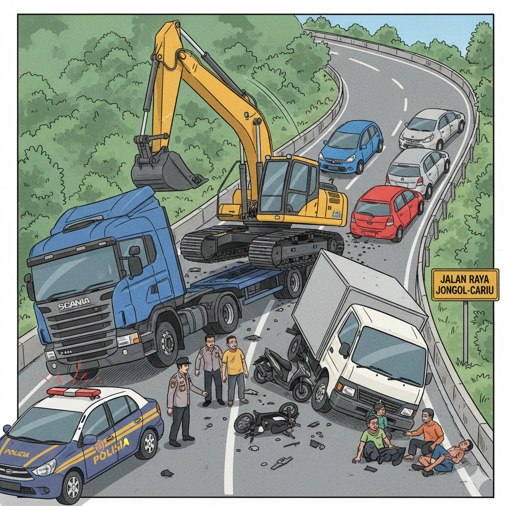 Gambar Ilustrasi detik-detik ekskavator yang terlepas dari sebuah kendaraan trailer hingga terjadi tabrakan beruntun, Foto/Gemini AI