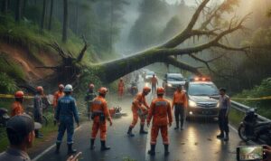 Gambar Ilustrasi Pohon Tumbang di Puncak Bogor, Foto/Gemini AI