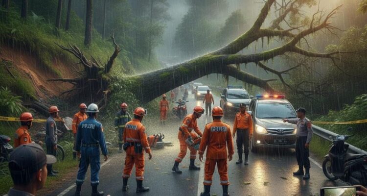 Gambar Ilustrasi Pohon Tumbang di Puncak Bogor, Foto/Gemini AI