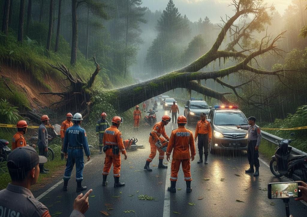 Gambar Ilustrasi Pohon Tumbang di Puncak Bogor, Foto/Gemini AI