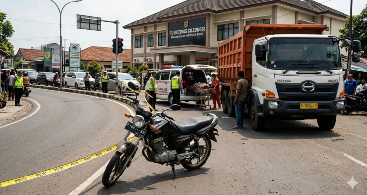 Gambar Ilustrasi Kecelakaan maut yang melibatkan satu unit dump truk Hino dan sepeda motor Suzuki Thunder terjadi di Jalan Raya Cileungsi–Narogong, Foto/Gemini Ai