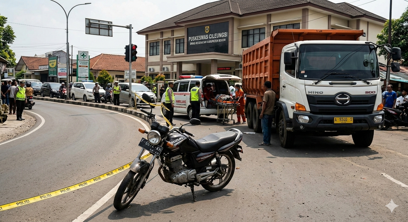 Gambar Ilustrasi Kecelakaan maut yang melibatkan satu unit dump truk Hino dan sepeda motor Suzuki Thunder terjadi di Jalan Raya Cileungsi–Narogong, Foto/Gemini Ai