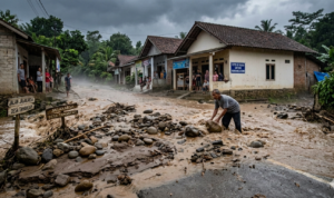 Gambar Ilustrasi banjir dengan membawa batu dan lumpur di Tamansari, Ciapus, Foto/Gemni Ai