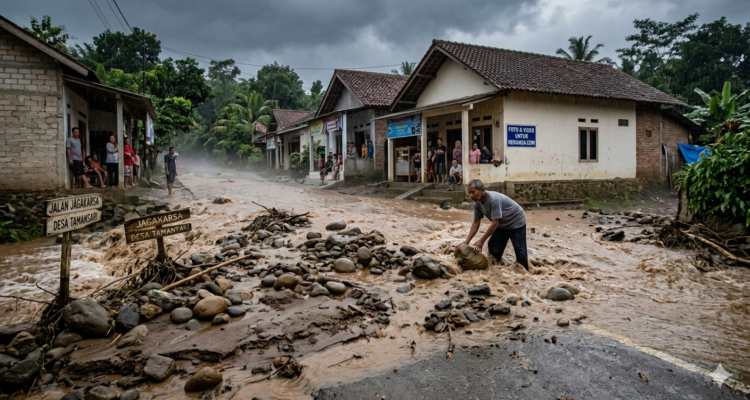 Gambar Ilustrasi banjir dengan membawa batu dan lumpur di Tamansari, Ciapus, Foto/Gemni Ai