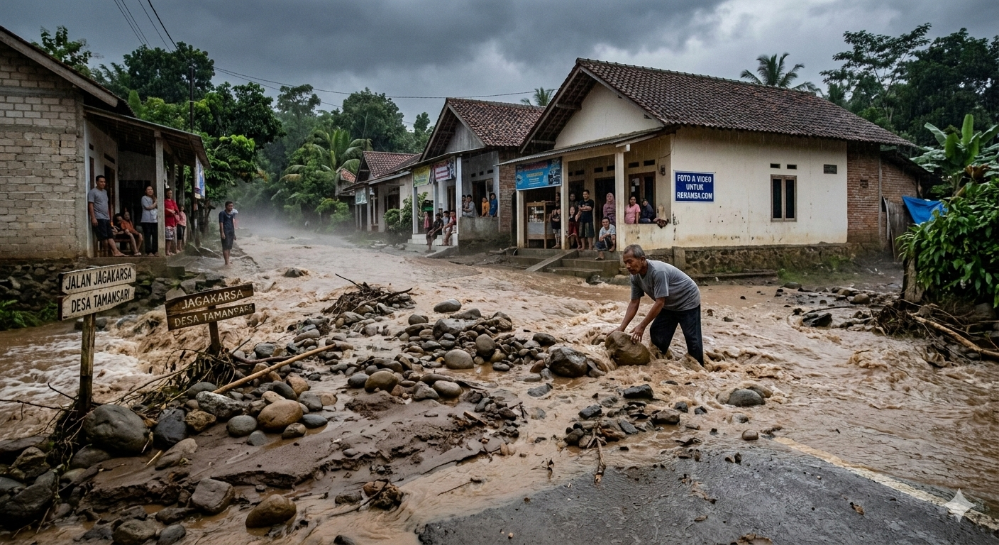 Gambar Ilustrasi banjir dengan membawa batu dan lumpur di Tamansari, Ciapus, Foto/Gemni Ai