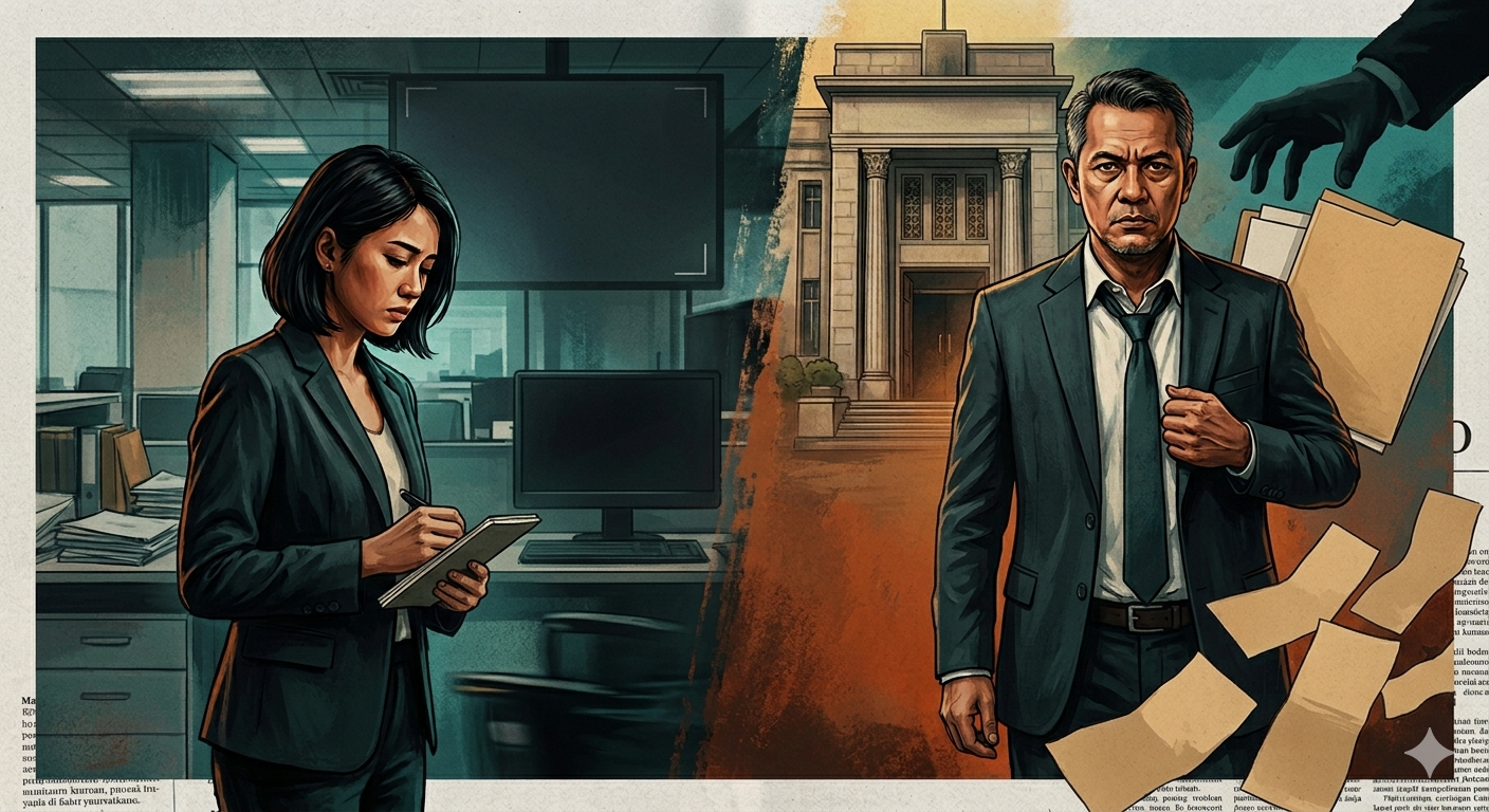 Gambar Ilustrasi dugaan pelecehan seksual oleh atasannya yang juga Buronan BNI Rp50 Miliar, Foto/Gemini AI Gambar Ilustrasi dugaan pelecehan seksual oleh atasannya yang juga Buronan BNI Rp50 Miliar, Foto/Gemini AI