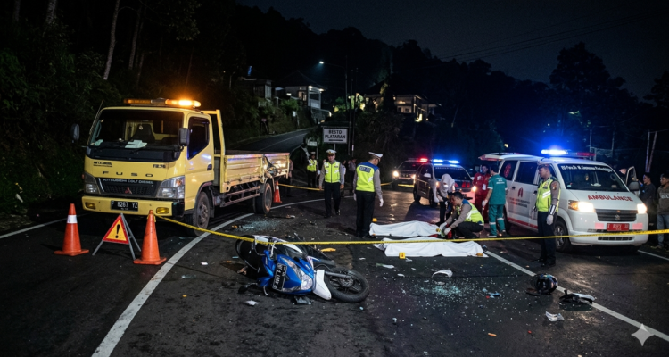 Gambar ilustrasi Sepeda motor tarak truk himgga 2 mahasiswa tewas di Puncak Bogor, Foto/Gemini Ai