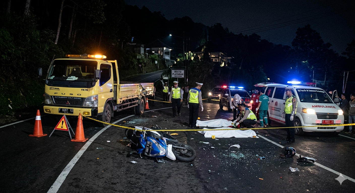 Gambar ilustrasi Sepeda motor tarak truk himgga 2 mahasiswa tewas di Puncak Bogor, Foto/Gemini Ai