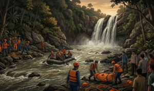 Gambvar Ilustrasi remaja yang tenggelam di Curug Parigi ditemukan, Foto/Gemini AI