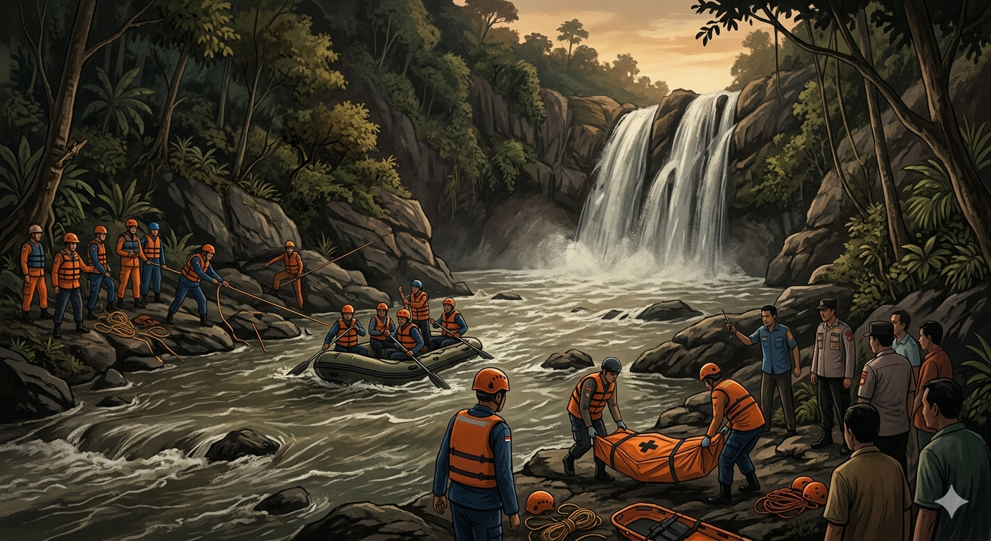 Gambvar Ilustrasi remaja yang tenggelam di Curug Parigi ditemukan, Foto/Gemini AI
