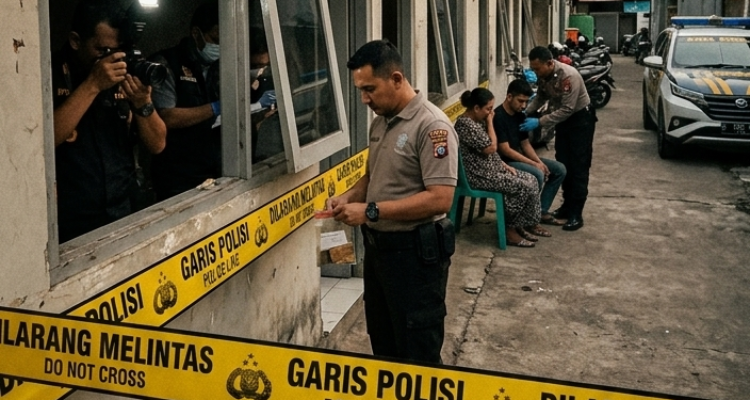 Petugas kepolisian melakukan olah Tempat Kejadian Perkara (TKP) di rumah kontrakan kawasan Bambu Apus, Cipayung, Jakarta Timur, pasca penemuan jasad Dewhinta Anggary pada Sabtu (21/3) dini hari. Pelaku yang merupakan WNA asal Irak telah ditangkap dan kini dalam pemeriksaan intensif. Polisi menyebut motif asmara menjadi latar belakang di balik peristiwa memilukan ini.