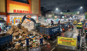 Gambar Ilustrasi pembersihan sampah saat malam Takbiran, Foto/Gemini Ai Gambar Ilustrasi pembersihan sampah saat malam Takbiran, Foto/Gemini Ai