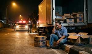 gambar ilustrsi supir edkpedisi ngaku dibegal padahal gelapkan ratusan kardus sus, Foto/Gemini Ai gambar ilustrsi supir edkpedisi ngaku dibegal padahal gelapkan ratusan kardus sus, Foto/Gemini Ai