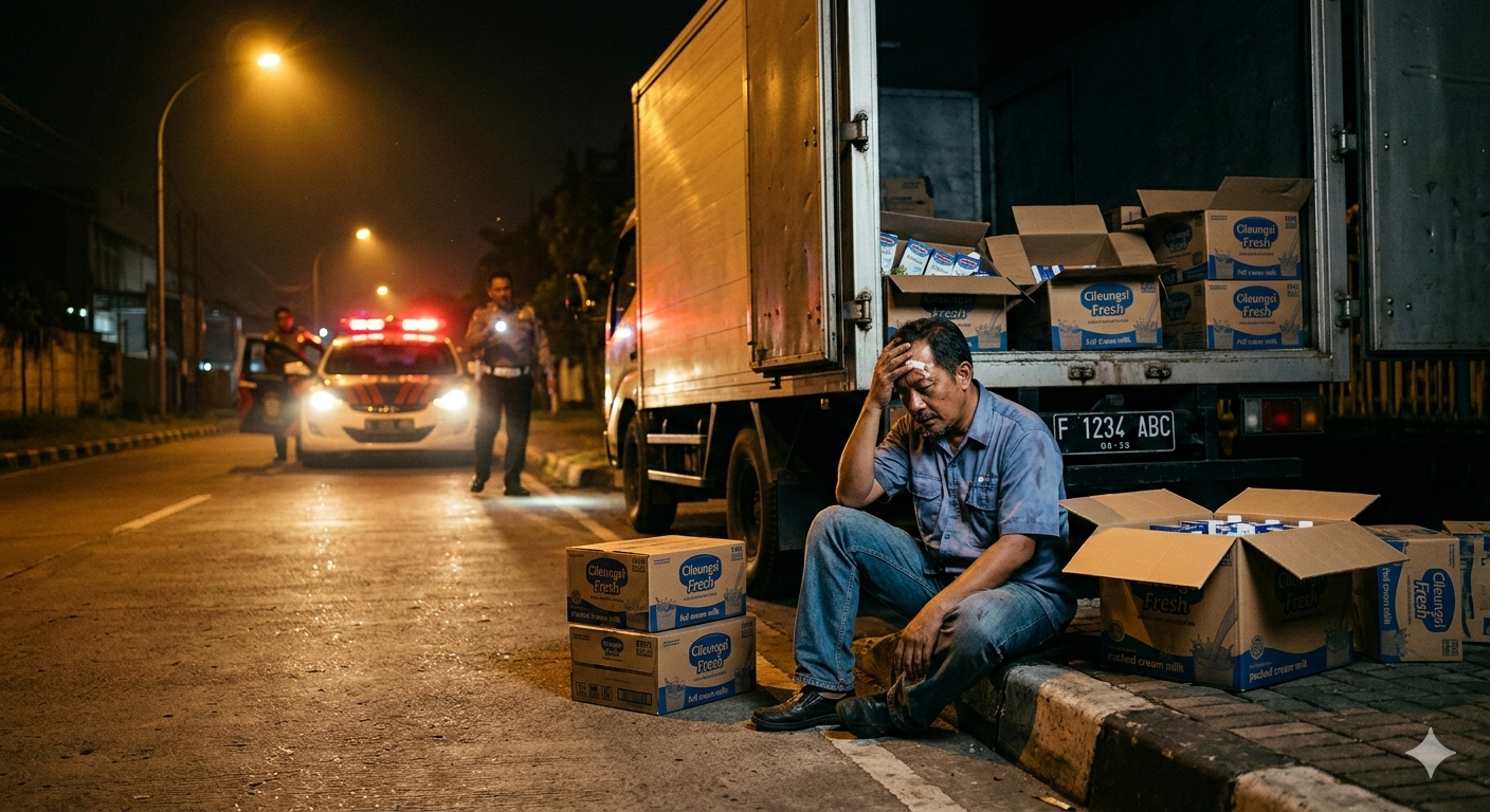gambar ilustrsi supir edkpedisi ngaku dibegal padahal gelapkan ratusan kardus sus, Foto/Gemini Ai