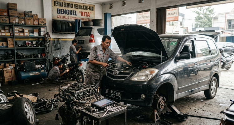 Gambar Ilustrasi peremajaan mobil dengan kondisi mobil rusak dan masuk bengkel, Foto/Gemini AI