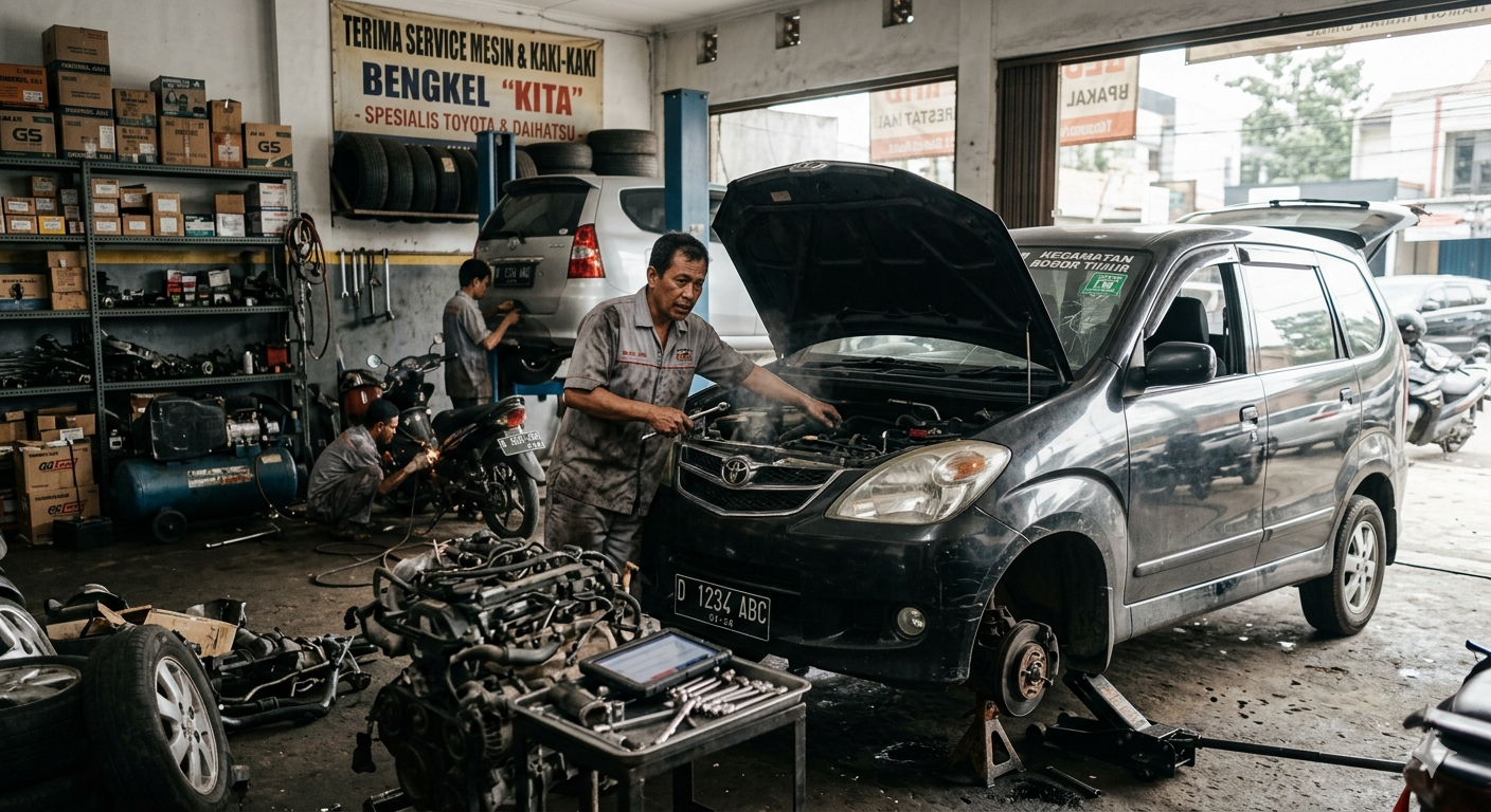 Gambar Ilustrasi peremajaan mobil dengan kondisi mobil rusak dan masuk bengkel, Foto/Gemini AI