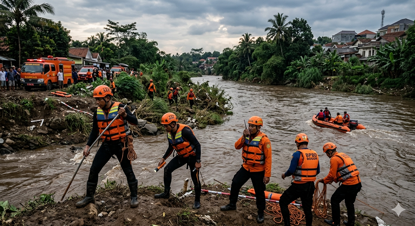 Gambar Ilustrasi pencarian Lansia 77 Tahun Hilang Saat Menjala Ikan di Sungai Ciliwung Sukaraja, Foto/Gemini AI