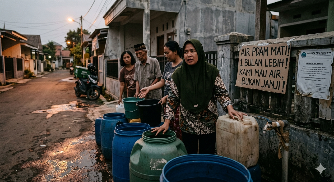 Gambar Ilustrasi warga menagntri karena AIr PDAM mati, Foto/Gemini AI