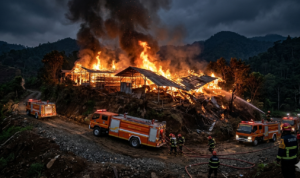 Gambar Ilustrasi Peternakan Ayam di Cariu terbakar, foto/Gemini Ai