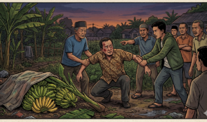 gambar ilustrasi seorang warga usai diduga mencuri pohon pisang di wilayah Cileungsi, Kabupaten Bogor, Foto/Gemini AI