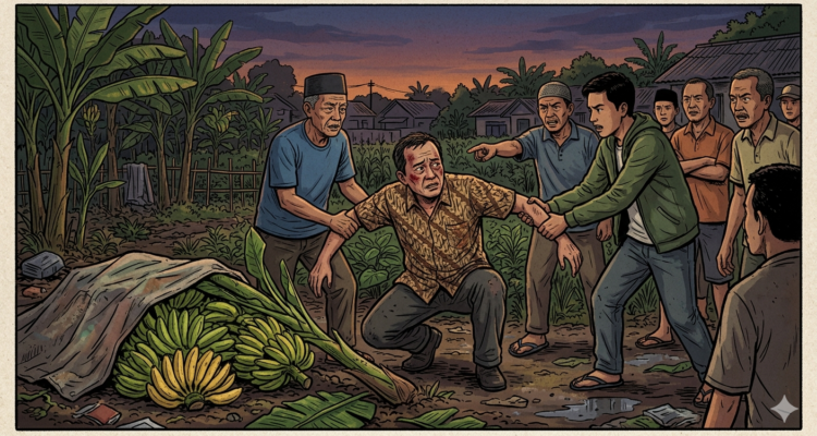 gambar ilustrasi seorang warga usai diduga mencuri pohon pisang di wilayah Cileungsi, Kabupaten Bogor, Foto/Gemini AI