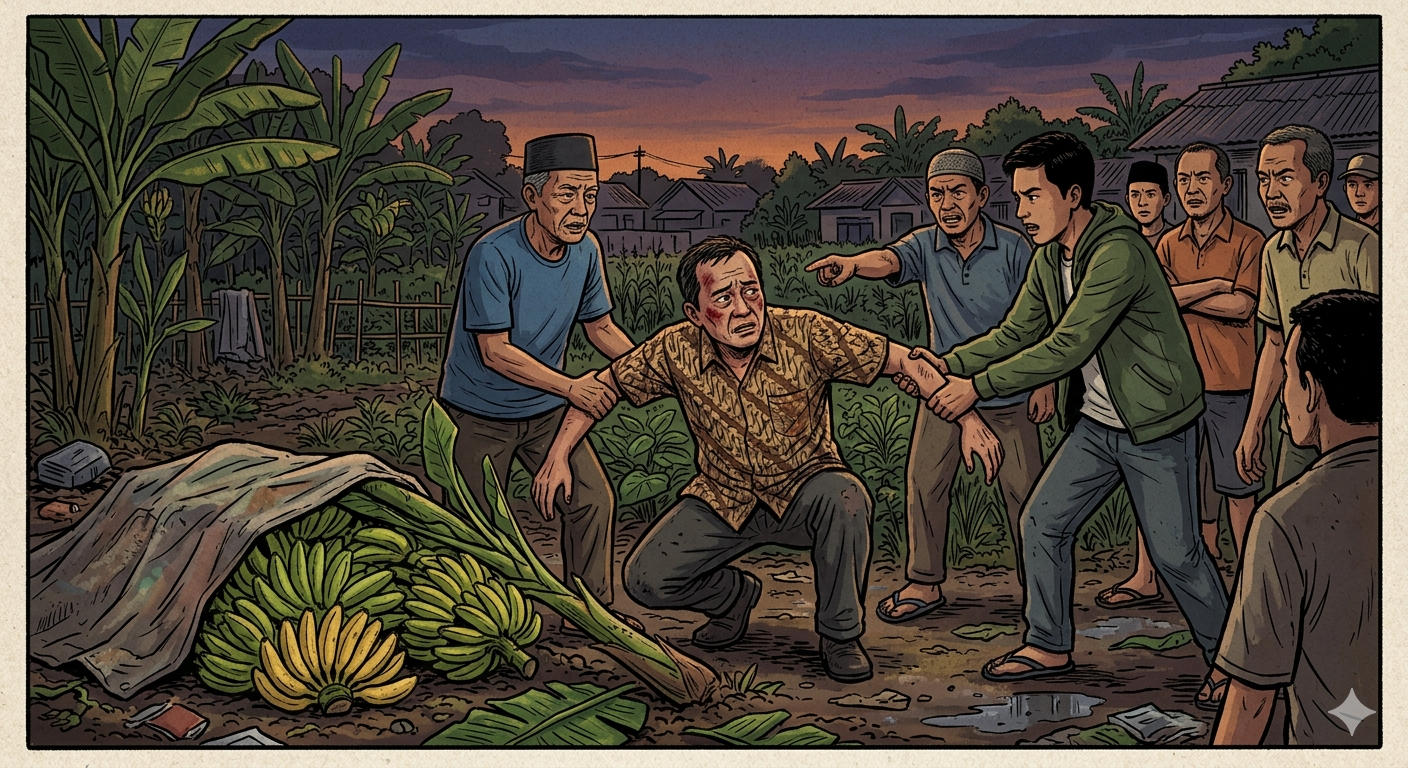 gambar ilustrasi seorang warga usai diduga mencuri pohon pisang di wilayah Cileungsi, Kabupaten Bogor, Foto/Gemini AI