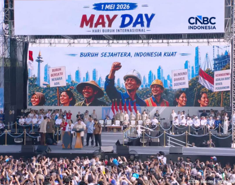 Presiden Prabowo Subianto menghadiri langsung peringatan Hari Buruh Internasional (May Day) bersama ribuan pekerja di Lapangan Silang Monumen Nasional (Monas), Jakarta, Foto/Isitmewa