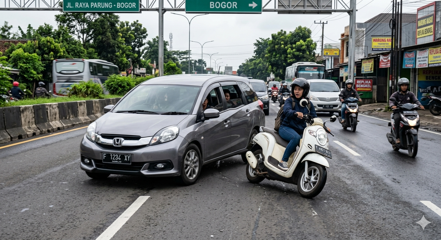 Gambar ilustrasi motor terserempet mobil, Foto/Gemini AI
