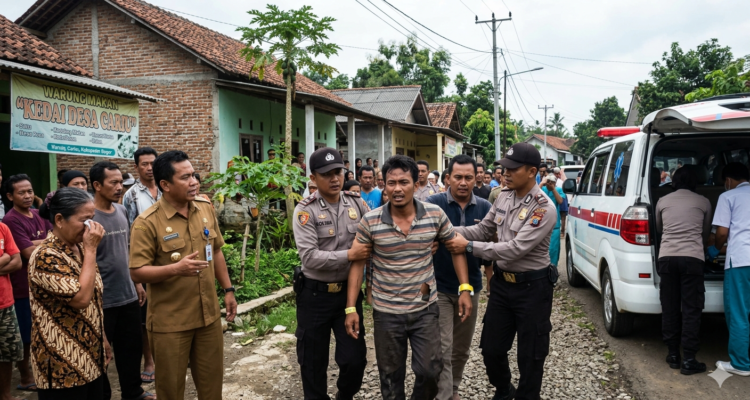 gambar ilustrasi polisi mengamankan seorang (ODGJ yang melakukan pembocokan terhadap warga, Foto/Gemini Ai