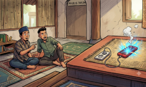 Gambar Ilustrasi kebakaran majlis Taklim, Ciawi Bogo karena casan, Foto/Gemini Ai