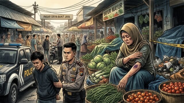 gambar ilustrasi Kasus dugaan penganiayaan terhadap seorang pedagang sayur di Pasar Griya Bukit Jaya, Kecamatan Gunung Putri, Kabupaten Bogor, Foto/Gemini Ai