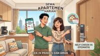 Gambar ini menampilkan pasangan yang sedang menunjukkan kemudahan memesan sewa apartemen harian melalui aplikasi di ponsel, lengkap dengan ilustrasi proses self check-in otomatis menggunakan kunci pintar (smart lock),, foto/Gemini Ai