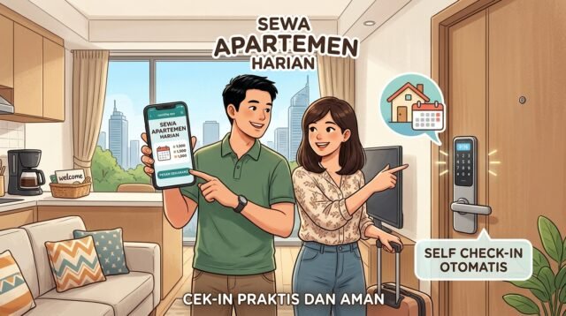 Gambar ini menampilkan pasangan yang sedang menunjukkan kemudahan memesan sewa apartemen harian melalui aplikasi di ponsel, lengkap dengan ilustrasi proses self check-in otomatis menggunakan kunci pintar (smart lock),, foto/Gemini Ai