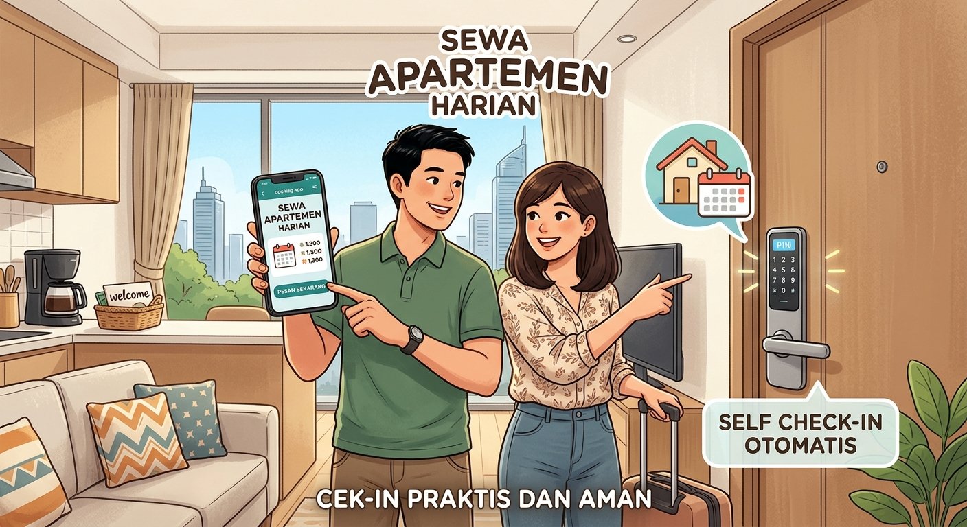 Gambar ini menampilkan pasangan yang sedang menunjukkan kemudahan memesan sewa apartemen harian melalui aplikasi di ponsel, lengkap dengan ilustrasi proses self check-in otomatis menggunakan kunci pintar (smart lock),, foto/Gemini Ai Gambar ini menampilkan pasangan yang sedang menunjukkan kemudahan memesan sewa apartemen harian melalui aplikasi di ponsel, lengkap dengan ilustrasi proses self check-in otomatis menggunakan kunci pintar (smart lock),, foto/Gemini Ai